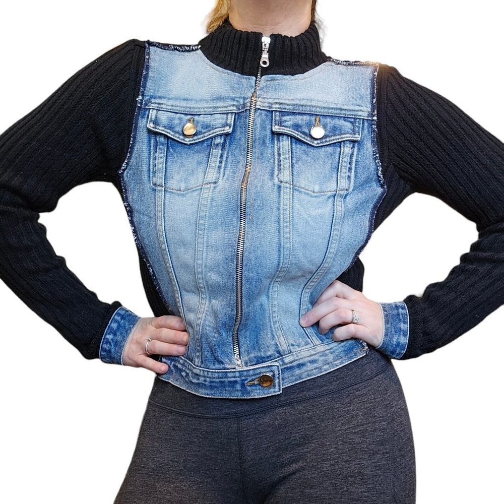 90s Y2K Denim Jacket Sweater Black Fitted Medium Zip Closure Ribbed Arizona Jean